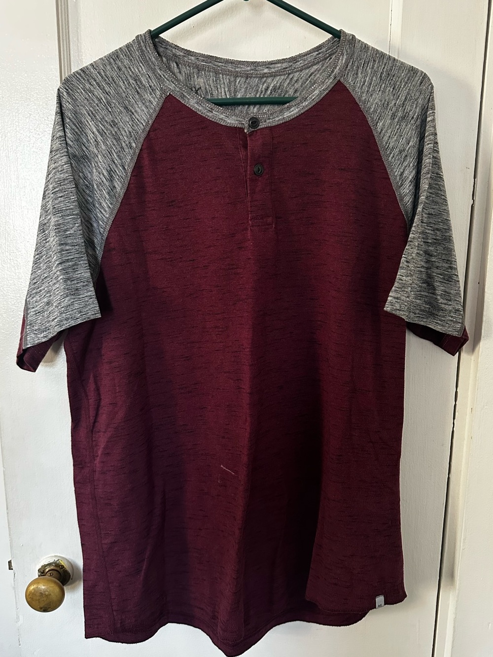 American Eagle Outfitters Two-Tone Henley Tee - Burgundy and Heather Gray